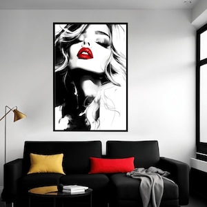 Black and White Woman Portrait with Red Lips – Bold Digital Art Print, Minimalist Fashion Wall Art, High Contrast Face Poster, Modern Decor