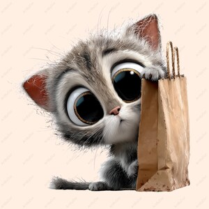 以下が含まれることがあります： 大きな瞳が印象的な、グレーと白の猫のデジタルイラスト。茶色の紙袋の後ろから顔をのぞかせています。柔らかい、漫画風のスタイルで、背景は明るい色です。