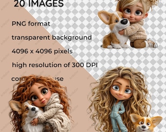 女の子とコーギーのクリップアート、20枚のPNG水彩画の子供たち、スクラップブッキングカードのデザイン（デジタルダウンロード）