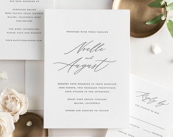 Noelle Letterpress Wedding Invitations - Deposit - Script Invite, Calligraphy, Large Names, Classic, Timeless, Ribbon, Grey, Neutral, Vellum