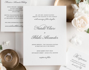 Classic Script Letterpress Wedding Invitations - Deposit - Calligraphy Invite, Traditional, Simple, Timeless, Ribbon, Neutral Wedding, Mocha