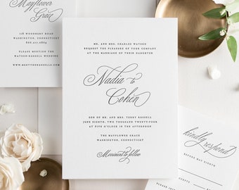 Nadia Letterpress Wedding Invitations - Deposit - Script Invite, Calligraphy, Traditional, Classic, Timeless, Ribbon, Pink, Rose Gold, Blush