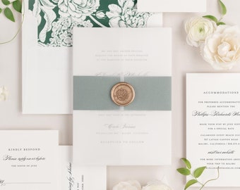 Elizabeth Vellum Wedding Invitation - Deposit - Script Invite, Timeless, Classic, Green, Ribbon, Script, Simple, Ivy, Calligraphy, Vintage