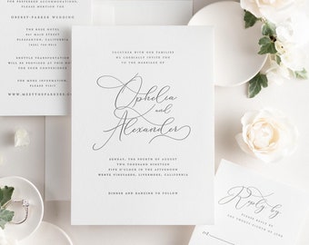 Ophelia Letterpress Wedding Invitations - Sample - Large Names, Script, Calligraphy, Modern, Romantic, Ribbon, Vellum, Custom Styling