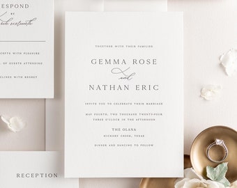 Gemma Letterpress Wedding Invitations - Deposit - Simple Invite, Large Names, Traditional, Classic, Timeless, Ribbon, Blush Wedding, Pink