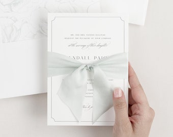 Kendall Ribbon Wedding Invitation - Deposit - Script Invite, Timeless, Classic, Sea Salt, Vellum, Script, Simple, Green, Calligraphy