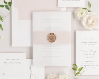 Lily Vellum Wedding Invitation - Deposit - Script Invite, Timeless, Classic, Pink, Blush, Ribbon, Script, Simple, Rose Gold, Calligraphy