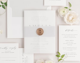 Amelia Wedding Invitations - Sample - Large Names, Script, Modern Invite, Classic, Timeless, Ribbon, Gray Wedding, Neutral, Custom Styling