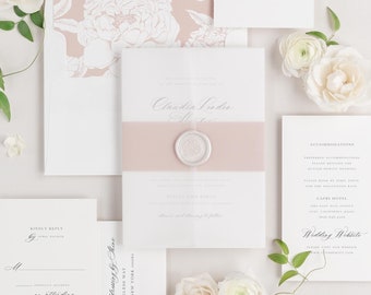 Claudia Vellum Wedding Invitation - Deposit - Script Invite, Timeless, Classic, Neutral, Ribbon, Script, Simple, Rosewater, Calligraphy