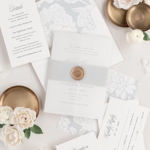 Garden Elegance Wedding Invitations - Sample - Script Invite, Calligraphy, Traditional, Classic, Ribbon, Custom Styling, Pink, Blue, Neutral