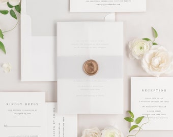 Invitaciones de boda de amapola - Muestra - Invitación simple, Serif, Nombres grandes, Clásico, Atemporal, Cinta, Gris, Gris, Neutral, Estilo personalizado