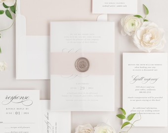 Haley Wedding Invitations - Sample - Script Invite, Calligraphy, Traditional, Classic, Timeless, Ribbon, Rose Gold, Neutral, Custom Styling