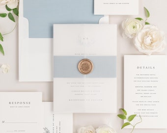 Emily Vellum Wedding Invitation - Deposit - Monogram Invite, Timeless, Classic, Initials, Crest, Ribbon, Simple, Dusty Blue, Serif, Wax Seal