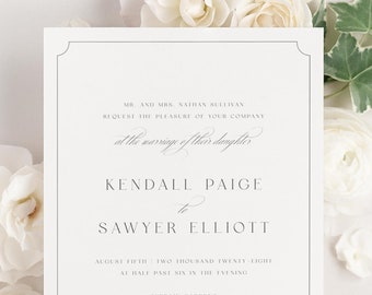 Kendall Wedding Invitation - Deposit - Script Invite, Calligraphy, Traditional, Classic, Timeless, Ribbon, Green Wedding, Border, Vellum