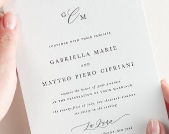 Gabriella Letterpress Wedding Invitations - Deposit - Monogram Invite, Calligraphy, Traditional, Classic, Timeless, Ribbon, Neutral, Vellum