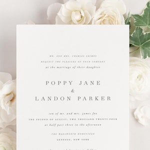 Poppy Wedding Invitations Sample Simple Invite, Serif, Large Names, Classic, Timeless, Ribbon, Gray, Grey, Neutral, Custom Styling image 2