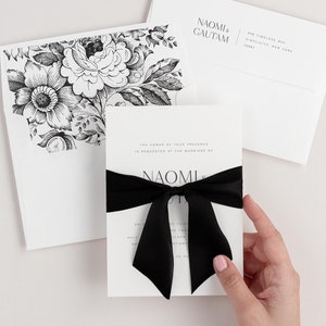 Black and White Wedding Invitations Modern Block Font Ribbon, Bow Black Wedding Invite Black Envelopes Black Tie Naomi Deposit image 3