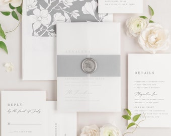 Annalena Wedding Invitations - Sample - Classic, Timeless Invite, Large Names, Script, Modern, Simple, Ribbon, Vellum, Gray, Custom Styling