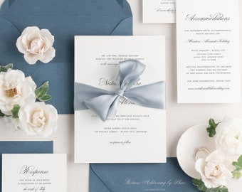 Blue Wedding, Classic Script Wedding Invitations - Deposit - Calligraphy Invite, Traditional, Simple, Timeless, Ribbon, Chambray, Vellum