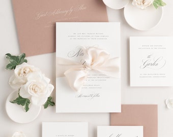 Rose Quartz Wedding, Nadia Ribbon Wedding Invitations - Deposit, Script Invite, Timeless, Classic, Elegant, Large Names, Ribbon, Blush, Pink