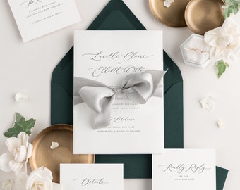 Pine Green Wedding - Lucille Vellum Wedding Invitation - Deposit - Script Invite, Timeless, Classic, Ribbon, Script, Simple, Calligraphy