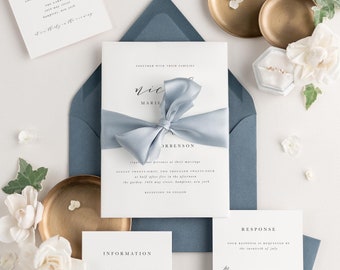Blue Wedding - Nicole Ribbon Wedding Invitation - Deposit - Script Invite, Navy, Large Names, Modern, Chambray, Classic, Calligraphy