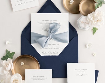 Navy Blue Wedding - Hazel Vellum Wedding Invitation - Deposit - Script Invite, Timeless, Classic, Ribbon, Script, Calligraphy, Sophisticated