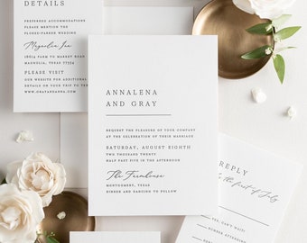 Annalena Letterpress Wedding Invitations - Sample - Classic, Timeless, Large Names, Script, Modern, Simple, Ribbon, Gray, Custom Styling