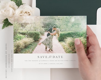 Photo Save the Date Cards - Gabriella Save the Date - Deposit - Wedding Save the Dates, Script, Elegant, Ribbon, Classic, Green Wedding