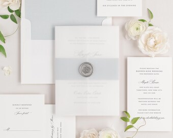 Hazel Vellum Wedding Invitation - Deposit - Script Invite, Timeless, Classic, Blue, Ribbon, Script, Calligraphy, Sophisticated, Sweet