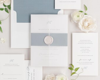 Madelyn Vellum Wedding Invitation - Deposit - Script Invite, Timeless, Classic, Neutral, Blue, Ribbon, Script, Simple, Serif, Floral Accent