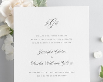 Monogram Letterpress Wedding Invitation Sample: Classic Script with Ribbon