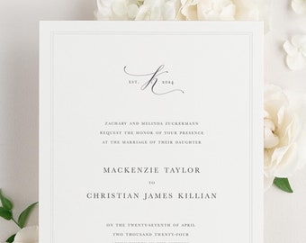 Mackenzie Wedding Invitations - Sample - Monogram Invite, Border, Elegant, Traditional, Classic, Timeless, Ribbon, Blue, Custom Styling