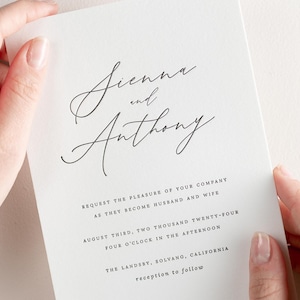 May include: Wedding invitation card with the names Sienna and Anthony in cursive script. The invitation requests the pleasure of your company as they become husband and wife on August 3rd, 2024 at 4:00 PM at The Landsby in Solvang, California. A reception will follow.