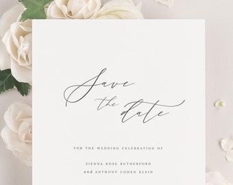 Sienna Save the Date - Deposit - Wedding Save the Dates - Save the Date Cards - Script, Romantic, Classic, Ribbon, Neutral, Mocha, Elegant