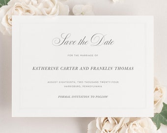 Simply Classic Save the Date - Deposit - Wedding Save the Dates - Save the Date Cards, Traditional, Elegant, Script, Pink, Rose Gold, Ribbon