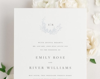 Emily Wedding Invitations - Deposit - Monogram Invite, Crest, Traditional, Stylish, Timeless, Ribbon, Non-Script, Vellum, Dusty Blue, Serif