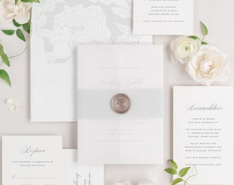 Penelope Vellum Wedding Invitations - Deposit - Script Invite, Timeless, Classic, Large Names, Simple, Elegant, Gray, Neutral, Grey, Ribbon