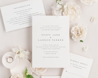 Poppy Classic Wedding Invitations - Deposit - Simple, Timeless, Serif, Block Font, Ribbon, Vellum, Greenery