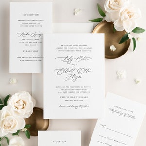 Lily Letterpress Wedding Invitations - Sample - Script Invite, Elegant, Classic, Timeless, Ribbon, Large Names, Romantic, Custom Styling