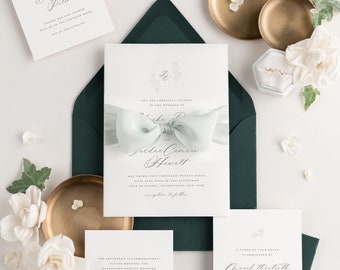 Dark Green Wedding - Phoebe Ribbon Wedding Invitation - Deposit - Script Invite, Timeless, Classic, Monogram, Vellum, Script, Calligraphy