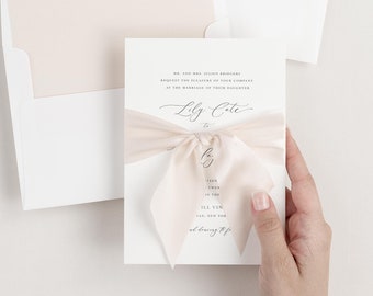 Lily Ribbon Wedding Invitation - Deposit - Script Invite, Timeless, Classic, Romantic, Vellum, Script, Simple, Rose Gold, Calligraphy