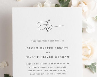 Sloan Letterpress Wedding Invitations - Sample - Monogram Invite, Timeless, Classic, Ribbon, Vellum, Script, Calligraphy, Neutral, Serif