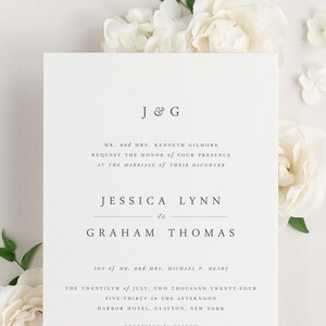 Monogram Wedding Invitation Sample: Classic Serif, Neutral Grey