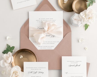 Camille Ribbon Wedding Invitation - Deposit - Script Invite, Calligraphy, Large Names, Traditional, Classic, Timeless, Champagne, Rose Gold