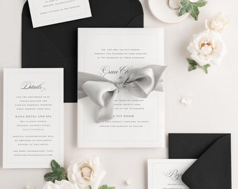 Black and White Wedding, Grace Vellum Wedding Invitations - Deposit - Border Invite, Calligraphy, Traditional, Classic, Script, Ribbon