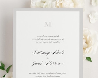 Upscale Monogram Wedding Invitations - Sample - Border Invite, Gray, Neutral, Script, Ribbon, Vellum, Modern, Bordered, Custom Styling