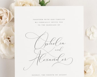 Ophelia Wedding Invitations - Sample - Script Invite, Calligraphy, Classic, Timeless, Ribbon, Pink, Rose Gold, Gray, Slate, Custom Styling