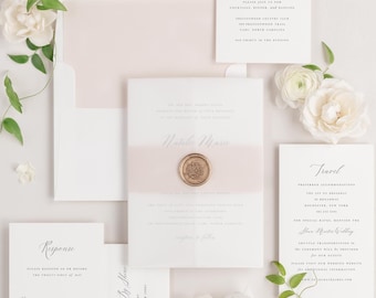 Natalie Vellum Wedding Invitation - Deposit - Script Invite, Classic, Pink, Rose Gold, Ribbon, Vellum, Timeless