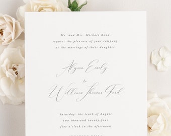 Alyssa Wedding Invitations - Sample - Script Invite, Calligraphy, Traditional, Classic, Timeless, Ribbon, Grey, Neutral, Custom Styling
